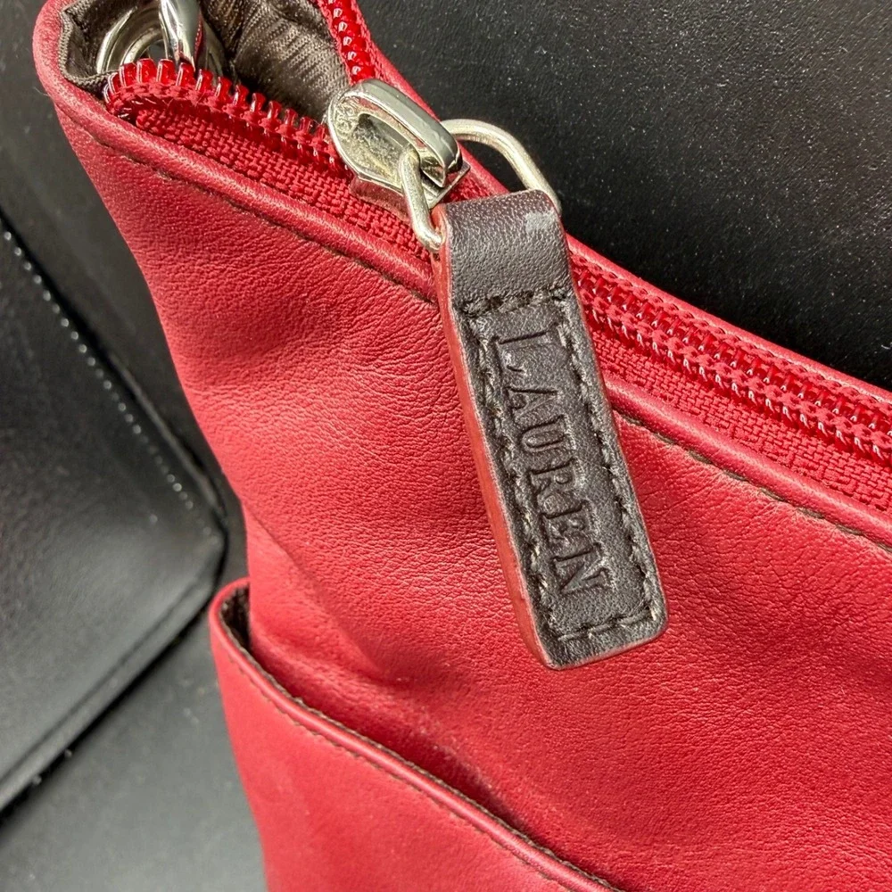 Lauren Ralph Lauren Red Leather Hobo‎ Shoulder Bag Purse Front Pocket RL Logo